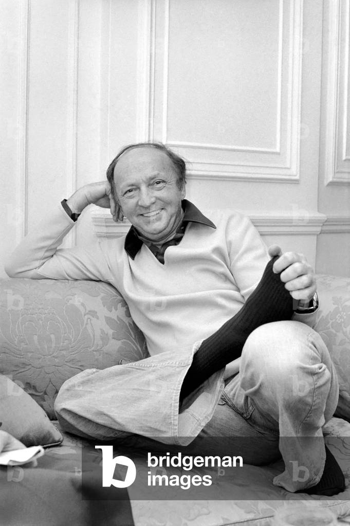 Harold Robbins at the Savoy Hotel London today, April 1977 (b/w photo)