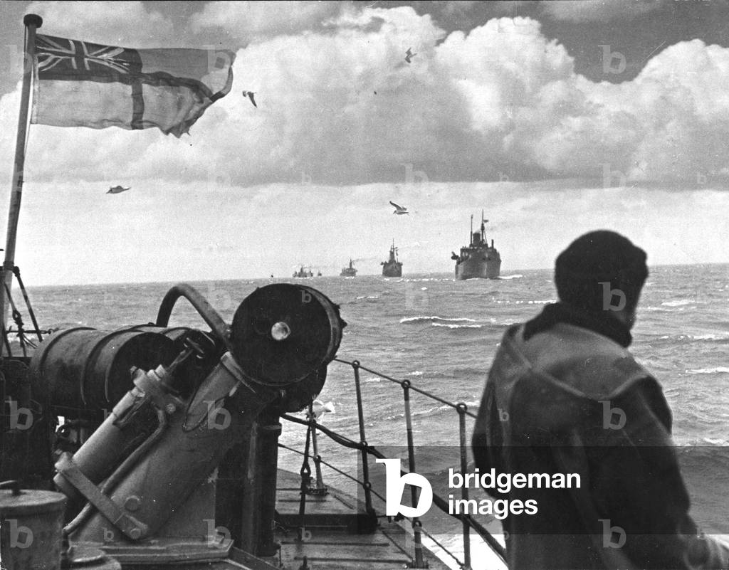 A ship convoy on its way sailing through the North Sea. WW2. 15/3/1943