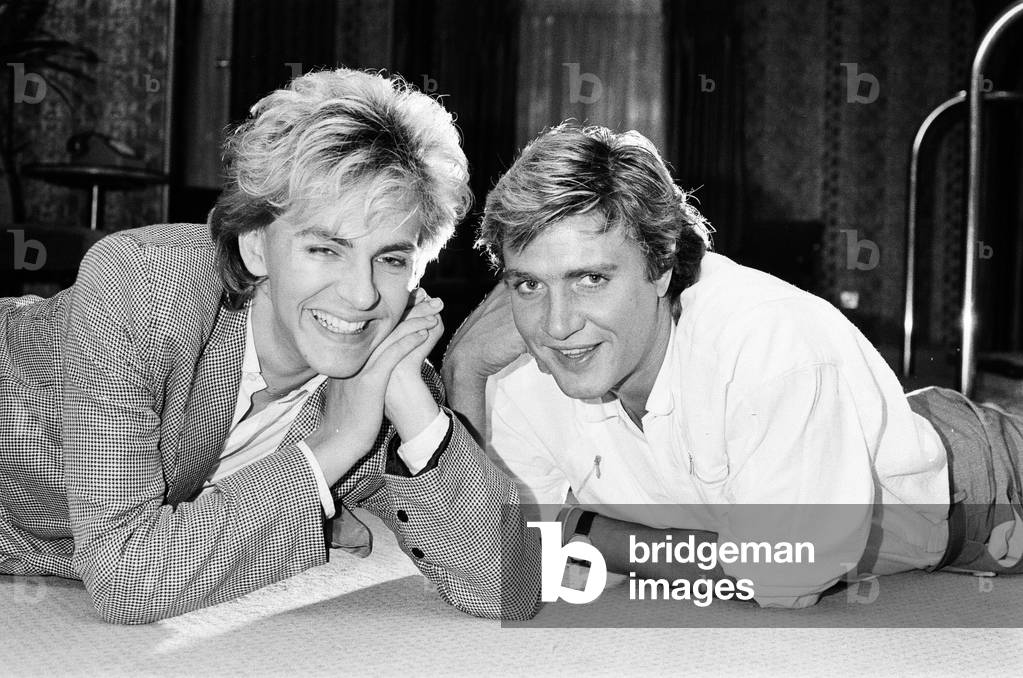 Simon Le Bon & Nick Rhodes from music group Duran Duran, 20th July 1983 (b/w photo)