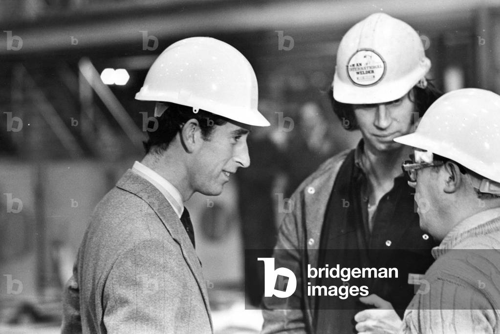 Prince Charles, The Prince of Wales during his visit to the North East 27 November 1979 - The Prince chats with workers during his visit to the Pallion Shipyard in Sunderland
