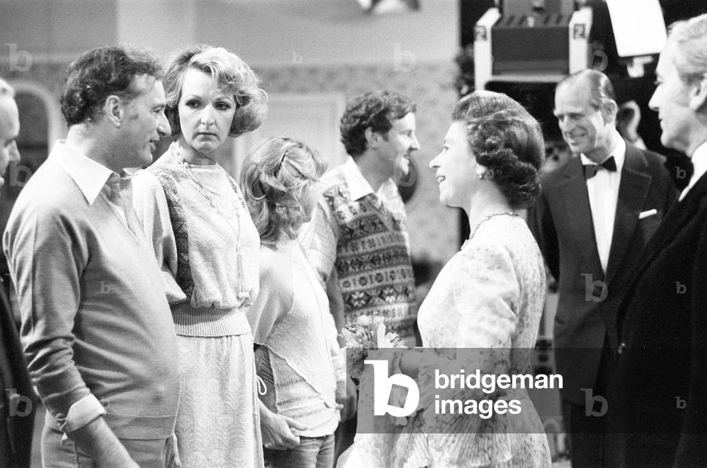 The Queen visits cast and crew on the set of BBC TV Series 'The Good Life', at Television Centre, 8th June 1978 (b/w photo)