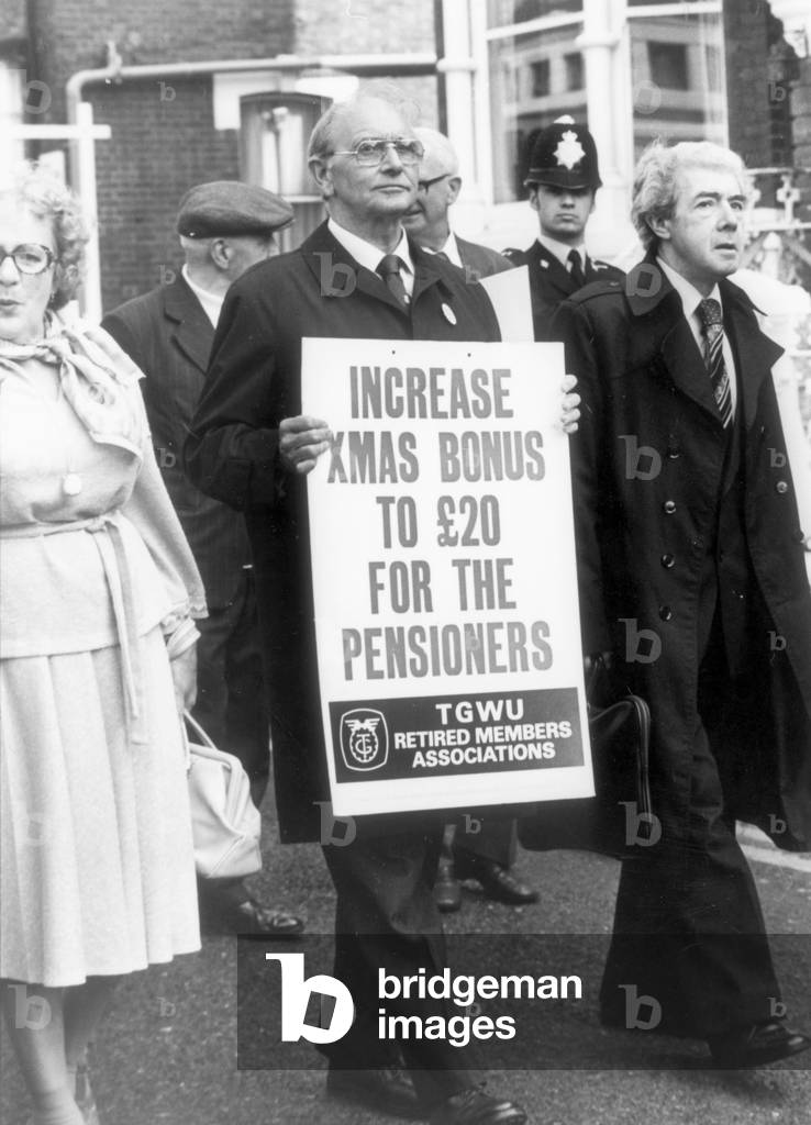 Former chairman of the TGWU seen here campaigning for better old age pension and an increase in the pension Christmas bonus outside the Conservative party conference at Blackpool, 15th October 1979