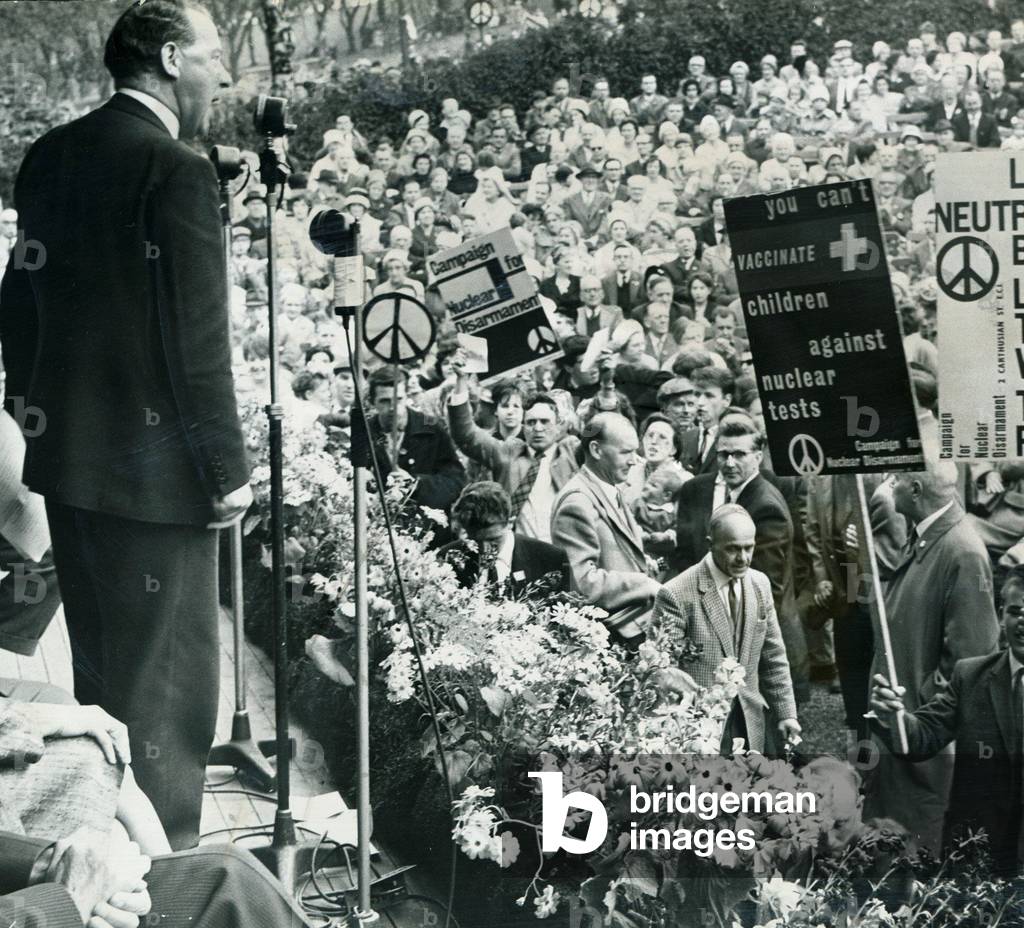 Labour party Leader Hugh Gaitskell speaking at a CND Anti nuclear demonstration in Glasgow's Queen's Park, May 1962 (b/w photo)