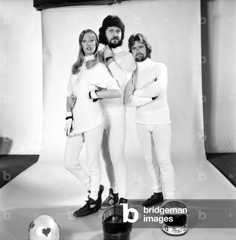 A Fireproof Combination. Noel Edmonds, Dave Lee Travers, Maureen Lynn, February 1975(b/w photo)