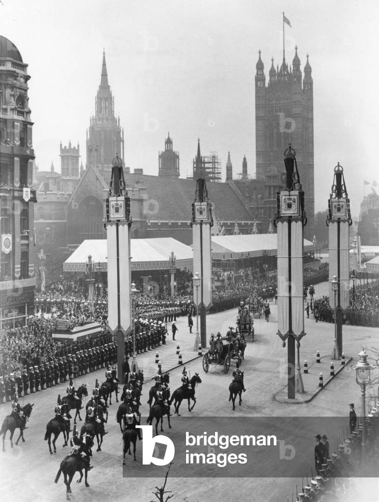Coronation of King George VI. Aerial view of the procession in progress marching up Parliament Street toward Westminster Abbey. 12th May 1937 (b/w photo)