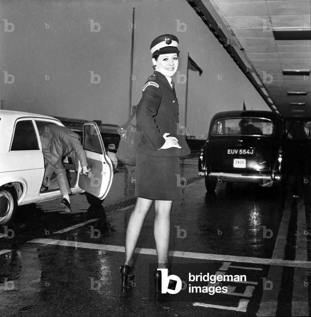 Beauty Queen Traffic Wardens at London's Heathrow Airport, January 1975 (b/w photo)