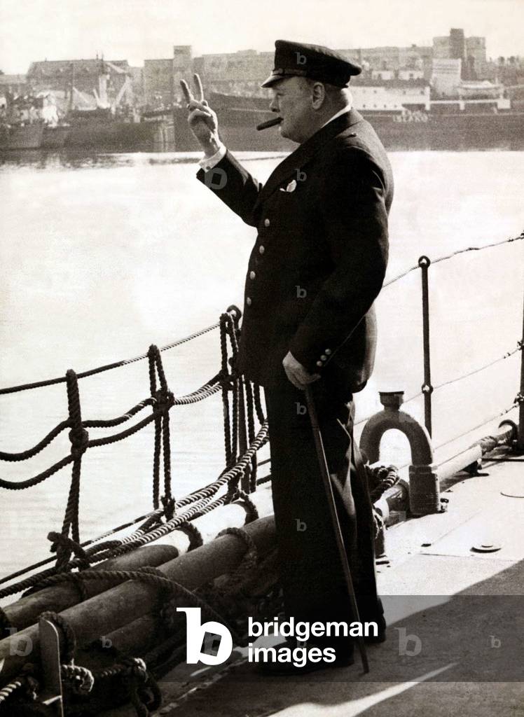 Winston Churchill gives the 'V for Victory' sign, August 1941