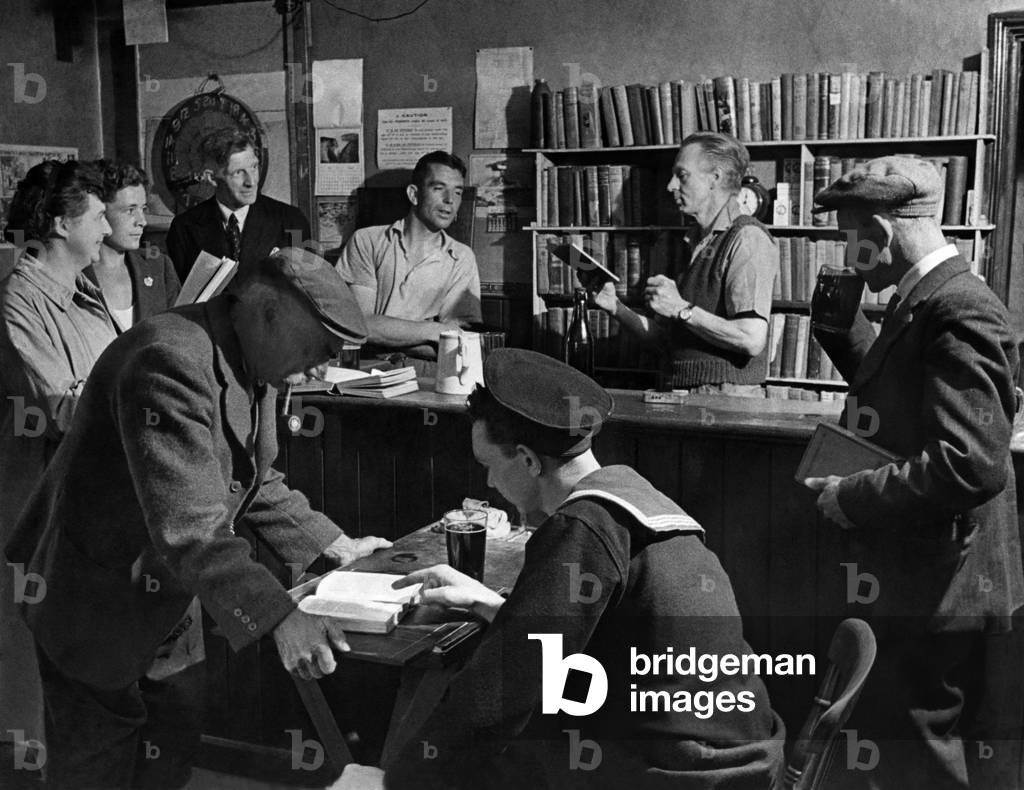 Library in Village pub. You can have a thriller with your pint of beer in the bar of the Cherry tree inn, Copthorne, in a rural part of Sussex. There is no library for many miles around so Albert Simmons the innkeeper got together 400 books and formed a library in the public bar. Thrillers and westerns are the popular books, and 2d. a week is charged for the loan. Augurst 1944