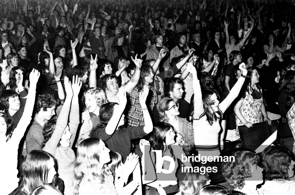 Glam rock band Slade perform in concert at Newcastle City Hall 4 November 1972 (b/w photo)