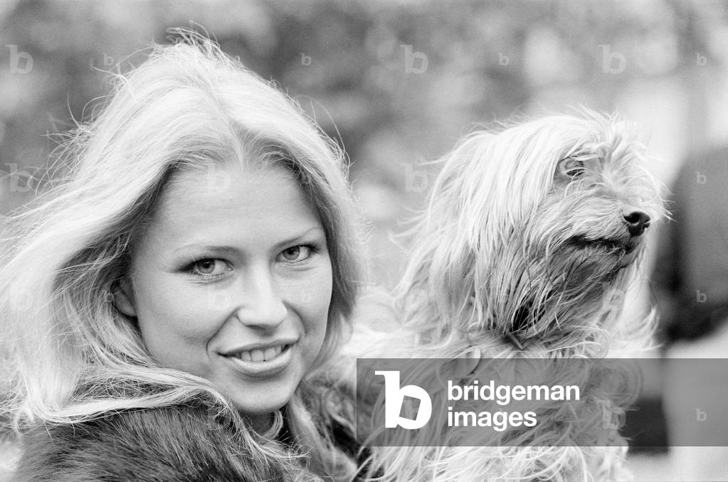 Dagmar Winkler, Miss Germany, Miss World Contestant, Photo-call at the Britannia Hotel, Grosvenor Square, London, 30th October 1977. Pictured with yorkshire terrier dog named Robbie, owned by 11 year old Silvia Pearson, who was walking him in the square, 1977 (b/w photo)