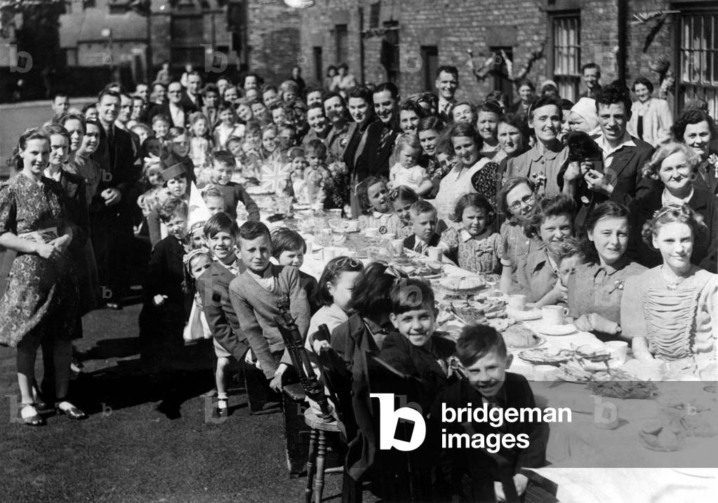 World War Two - Second World War - VE Day celebrations and 'Victory Tea' at Lambert Square, Coxlodge, Newcastle, 10th May, 1945 (b/w photo)