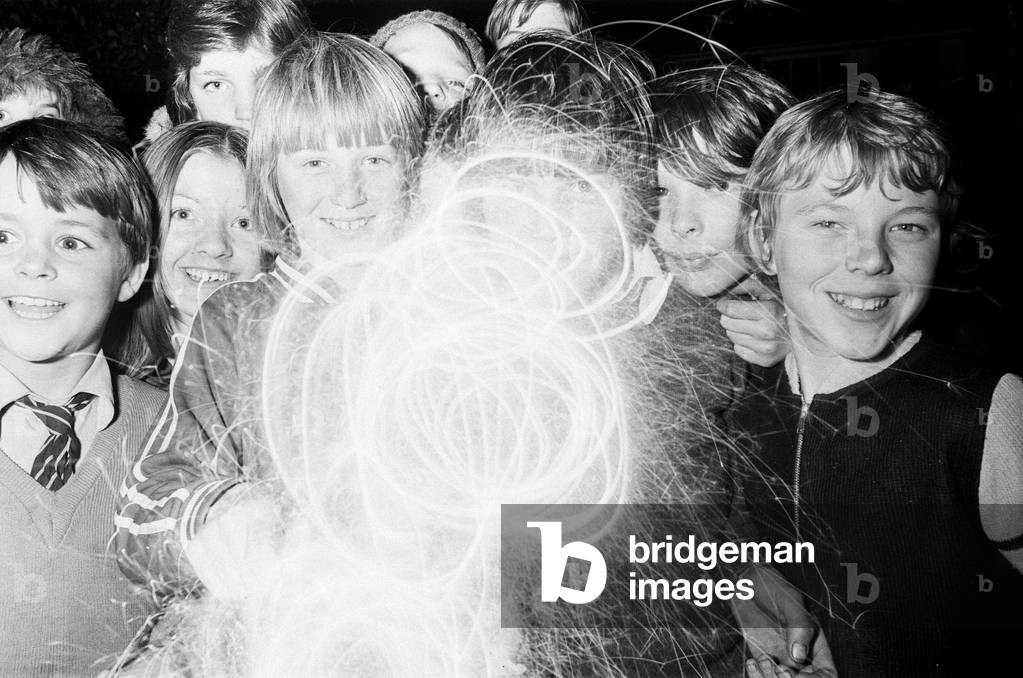 Bonfire Night, Reading, Berkshire, November 1975 (b/w photo)