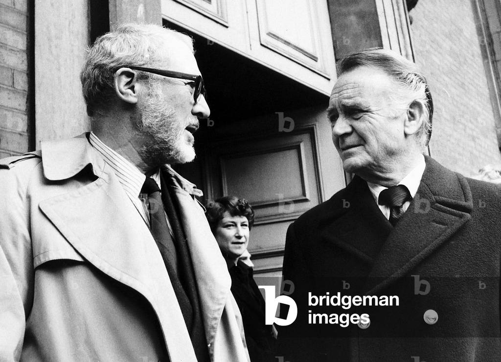 Sir John Mills and Anthony Quayle Actors after the memorial service for Peter Finch,  9 March 1977
