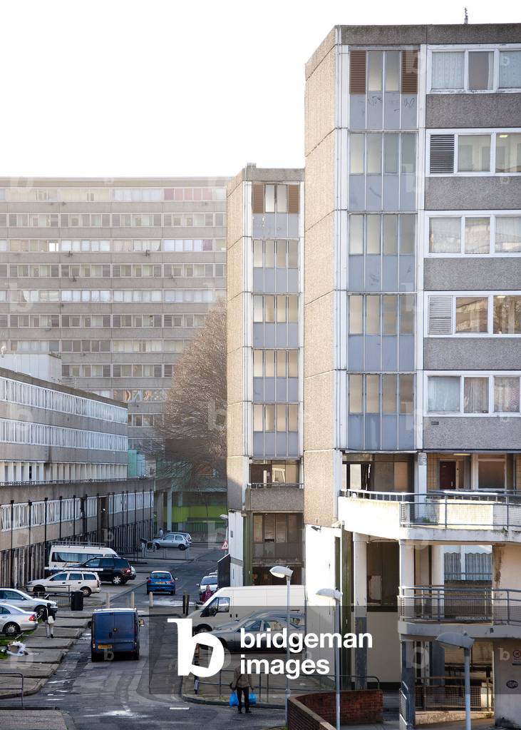 The Aylesbury housing Estate tower blocks in South London, built in 1970 (b/w photo)