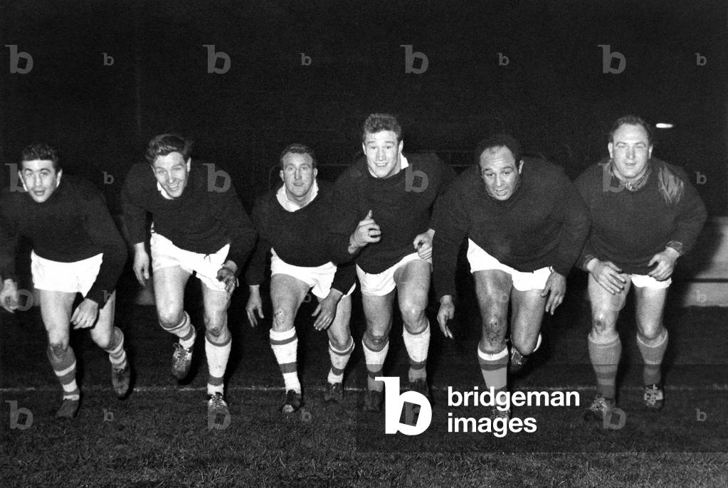 Beginning of a sprint for Wigan's six Internationals, during training. L-R. Dave Bolton, Eric Ashton, Bill Sayer, Roy Evans, Billy Boston and Brian McTigue who have been chosen for England to play against France. March 1962