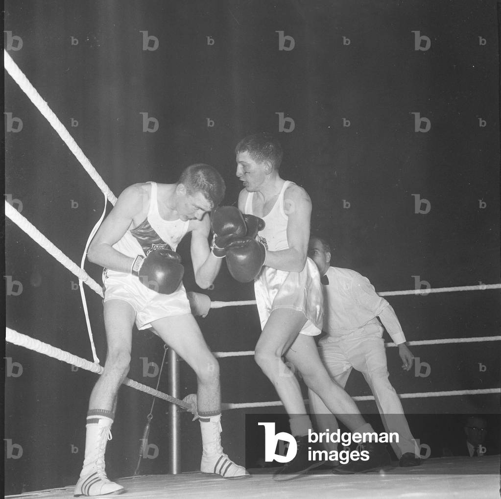 Action from the England v USA Amateur Boxing contest at Wembley 2nd November 1961 (b/w photo)