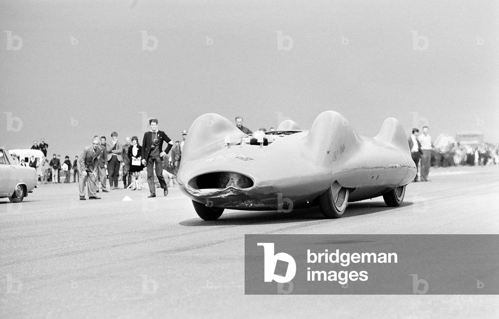 Proteus Bluebird, the car in which Donald Campbell broke the World Automobile Speed Record has has now made its last run, at 5 mph, at RAF Station, Debden, Essex, 19th June 1966.