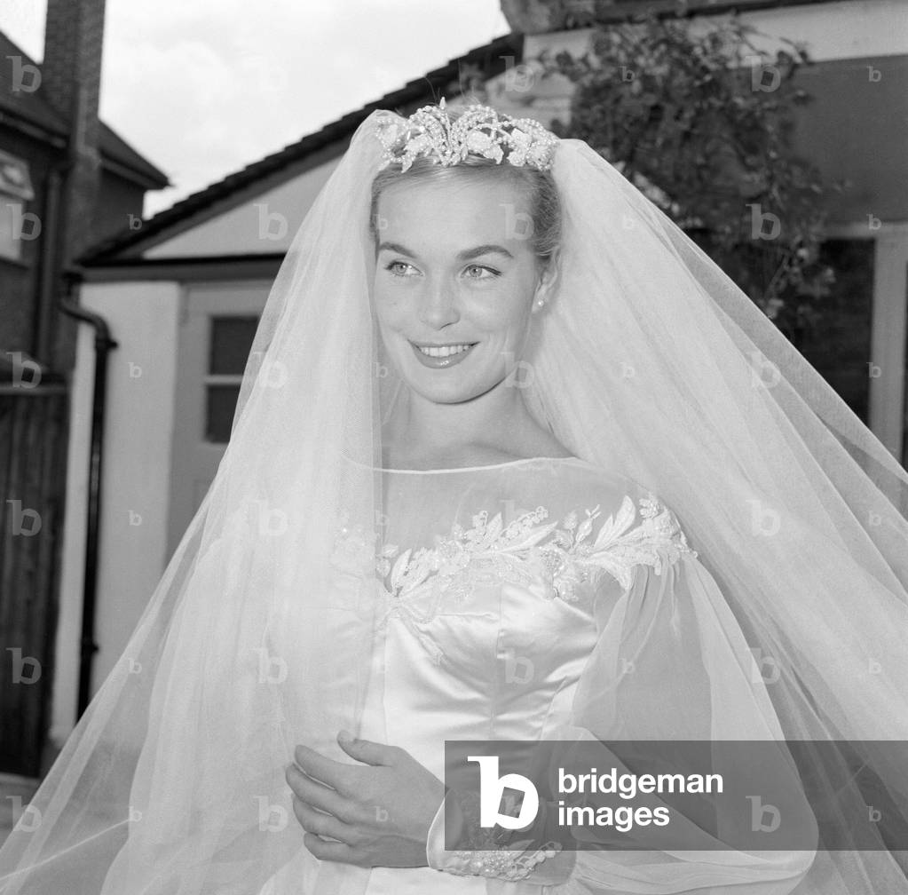 Shirley Eaton, TV and Film Actress aged 21, wedding to Colin Lenton Rowe aged 27, St Mary's, Kenton, Middlesex, Monday 5th August 1957 (b/w photo)