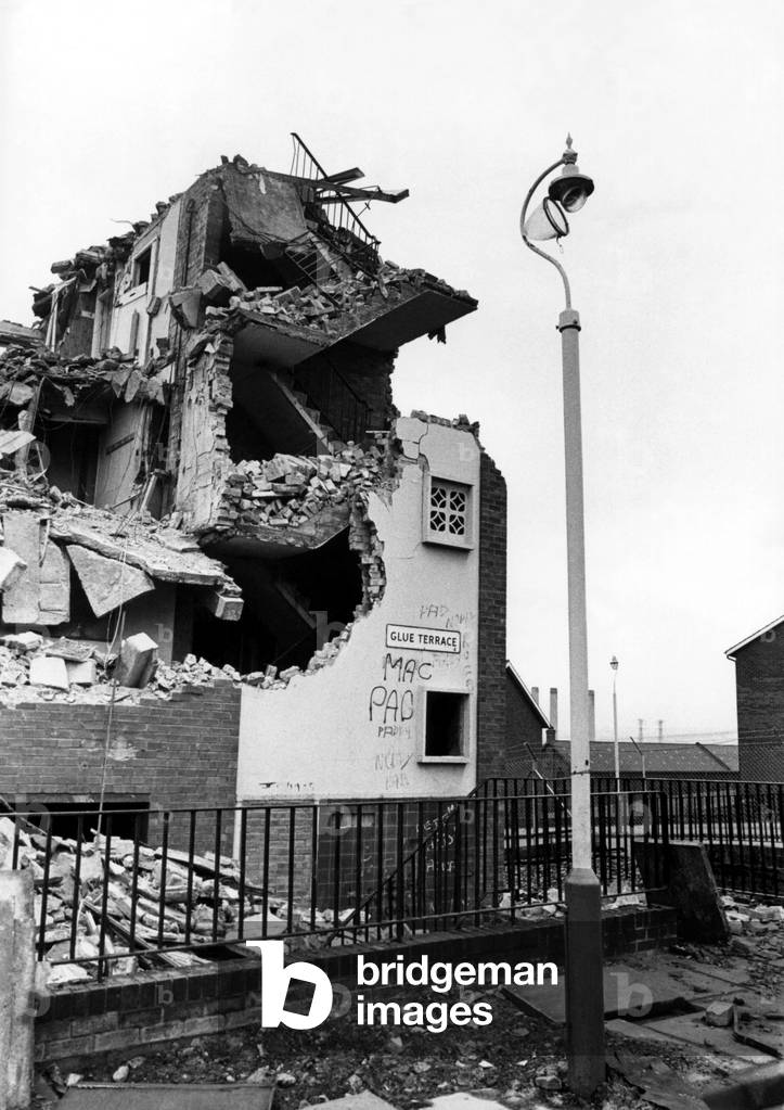 The Noble Street flats Housing Estate in Scotswood, Newcastle, which was built in the late in 1950s and demolished in the late 1970s after being blighted by social problems, vandalism, a high crime rate and was nicknamed Alcatraz by the local residents. The demolition programme, 29 August 1978 (b/w photo)