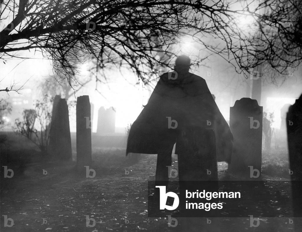 An atmospheric picture of Count Dracula in a church yard