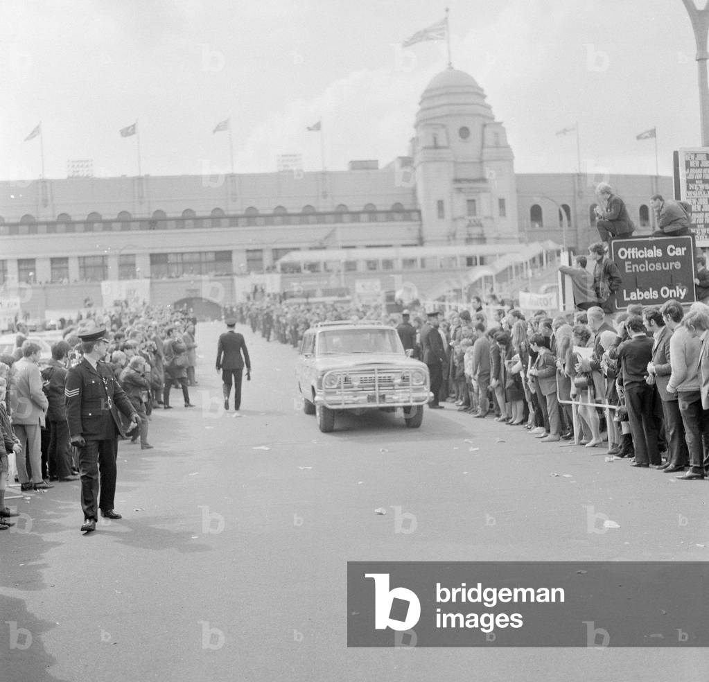 1970 London to Mexico World Cup Rally. The motor rally started at Wembley Stadium in London on 19 April 1970 and finished in Mexico City on 27 May 1970, covering approximately 16,000 miles. Pictured, Start of Race, Wembley Stadium, London, 19th April 1970 (b/w photo)
