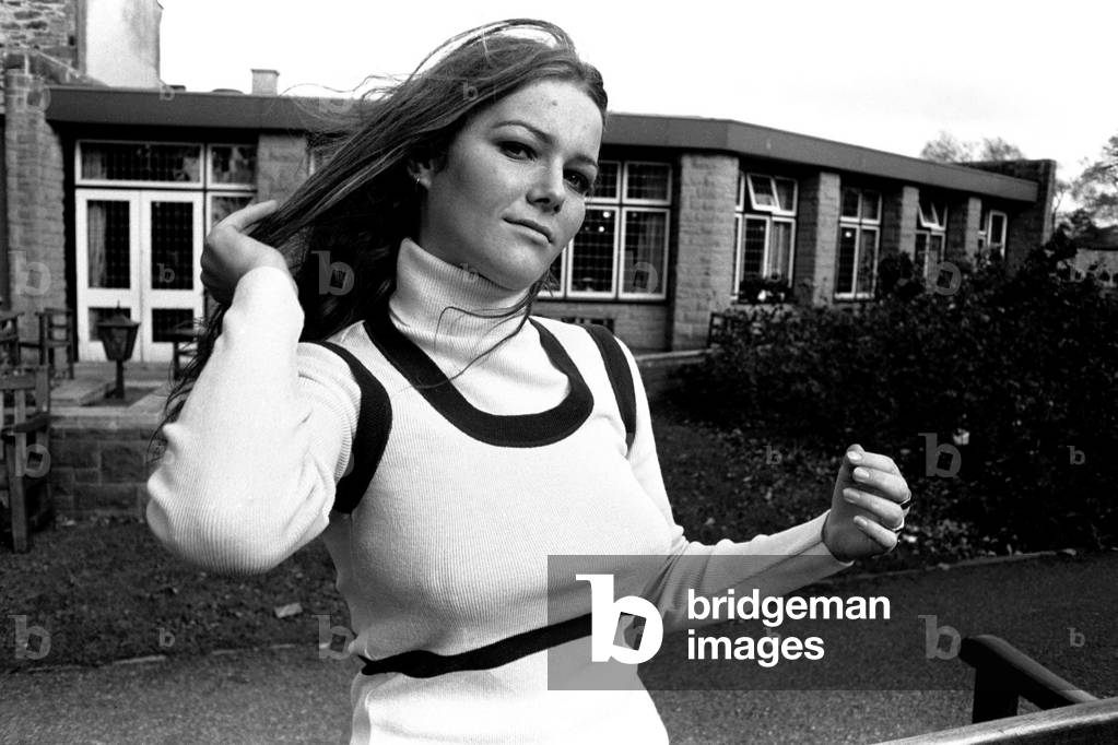 A model wearing a jumper during a fashion shoot, 26th October 1971 (b/w photo)