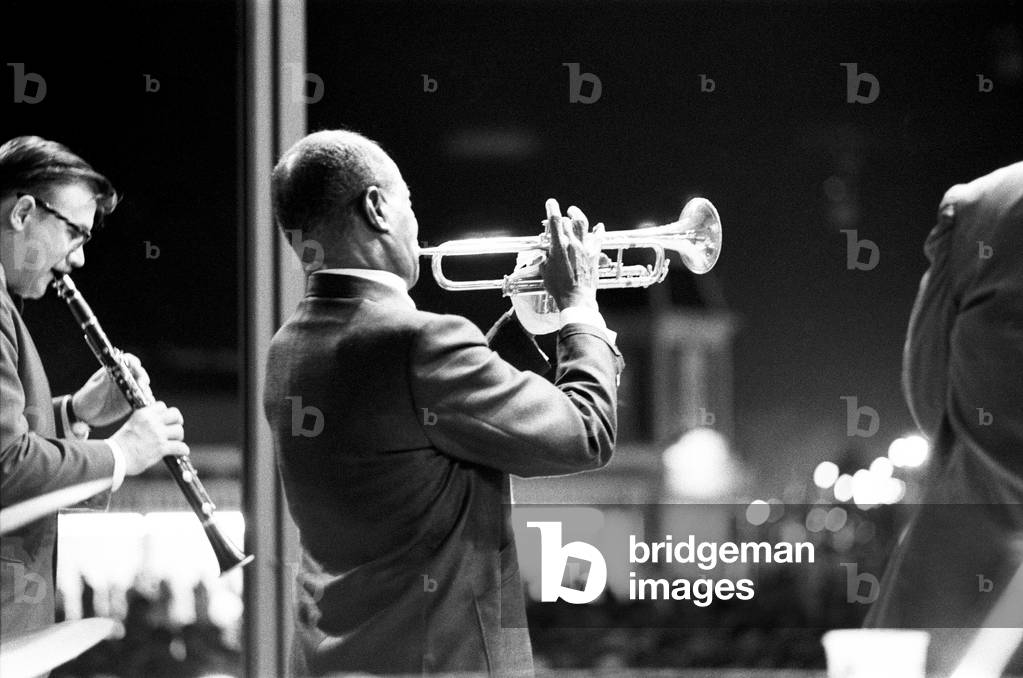 Louis Armstrong pictured playing the Trumpet 14th June 1968 (b/w photo)