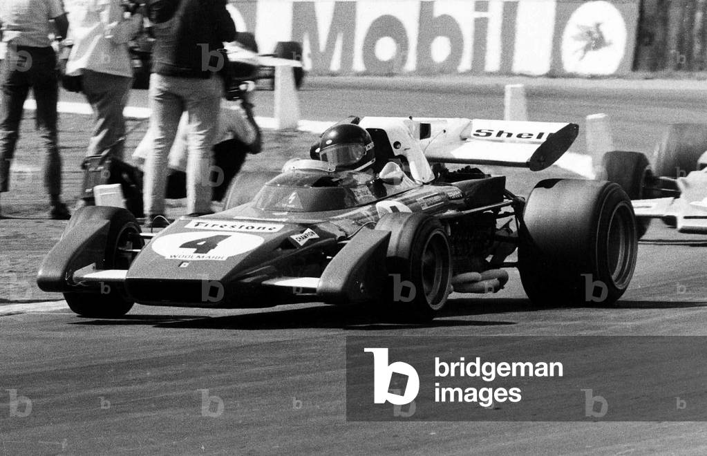British Grand Prix Silverstone, Jacky Ickx in his Ferrari 312 number 4 car, 17th July 1971 (b/w photo)