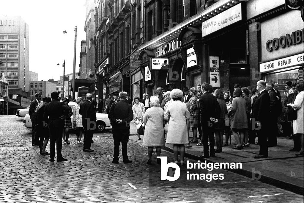A crowd of people listen to a public speaker in Newcastle's Bigg Market, 13 July 1970 (b/w photo)