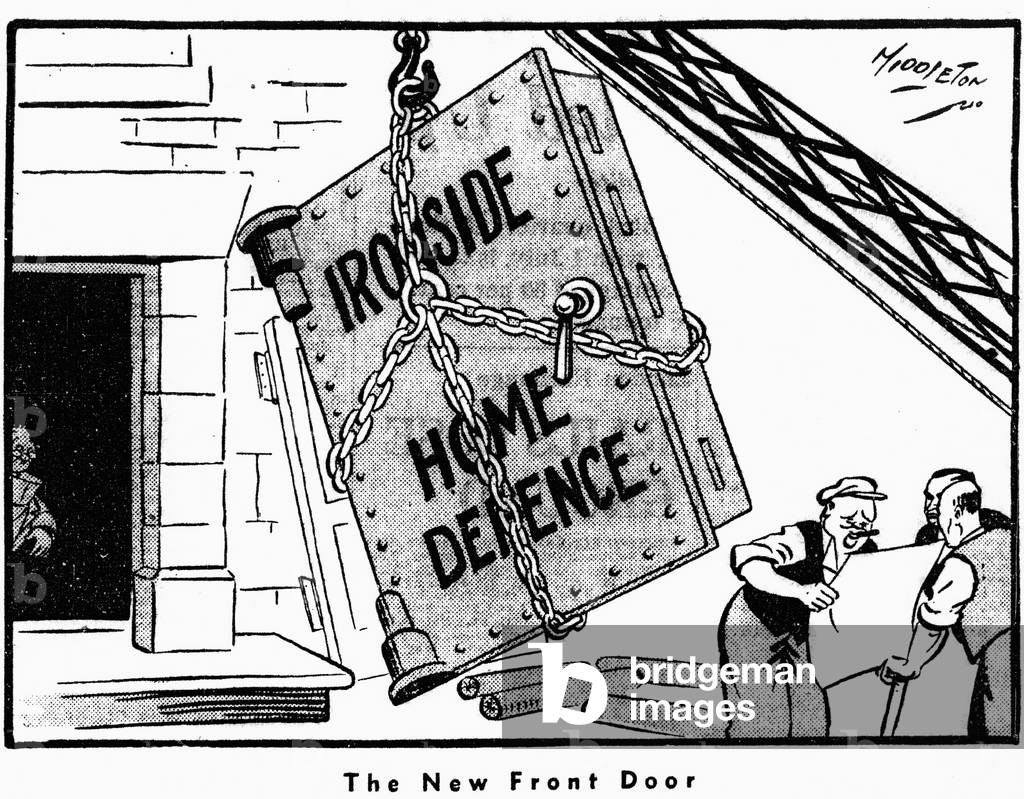 Middleton Birmingham Gazette cartoon: Ironside Home Defence. The New Front Door. Tuesday 28th May 1940 (b/w photo)