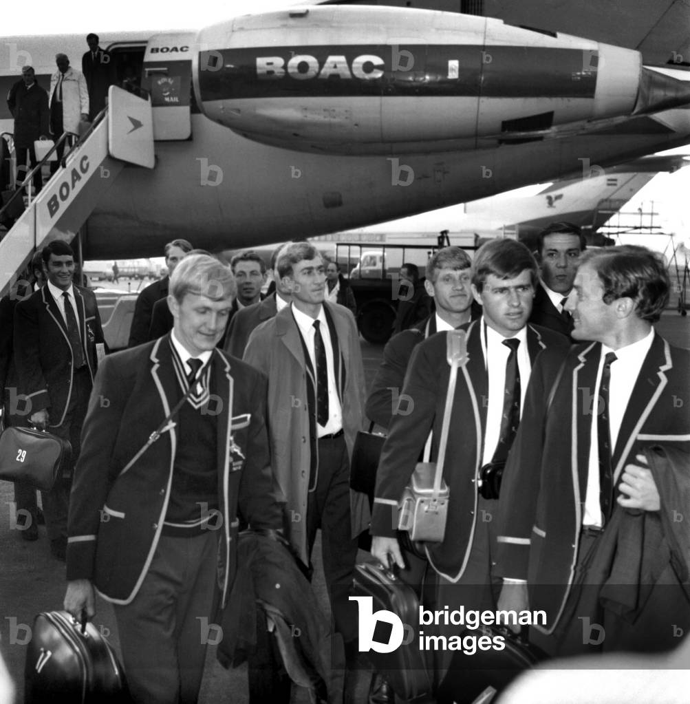Sport: Rugby Union: South Africa: The Springboks, rugby football team from South Africa, today arrived at Heathrow Airport for the start of their tour of England, Scotland, Ireland and Wales. October 1969 (photo)