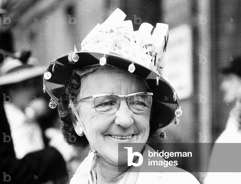 Mollie Milne with bingo hat at Royal Ascot, 21 June 1973 (b/w photo)