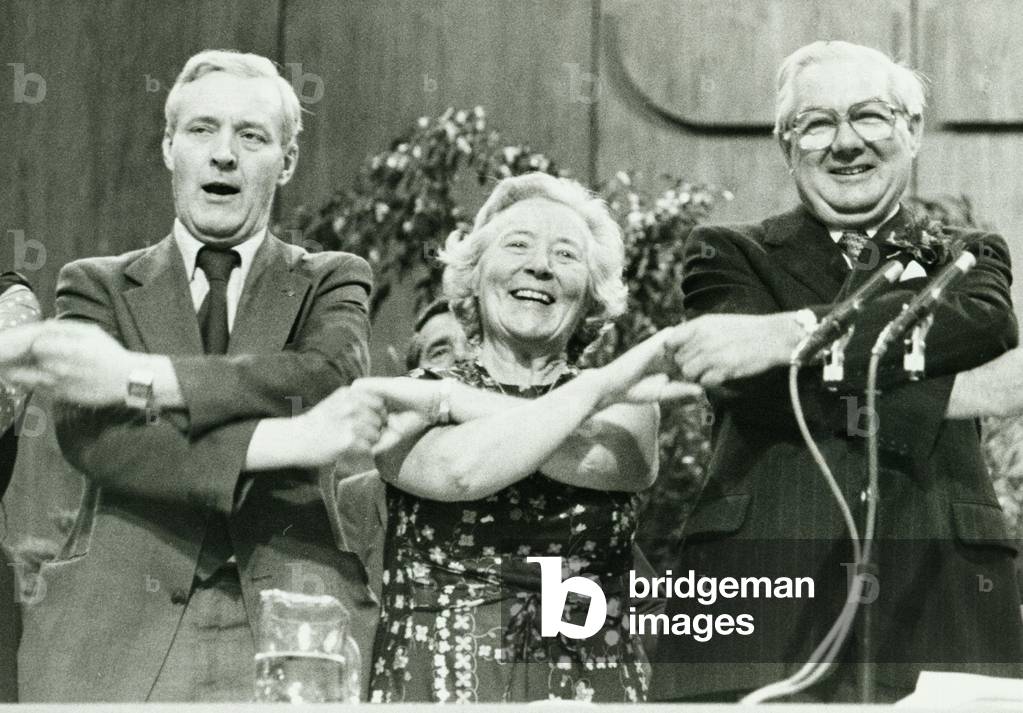 Tony Benn, Lena Jeger and James Callaghan singing Auld Lang Syne at the end of the 1979 Labour Party Conference