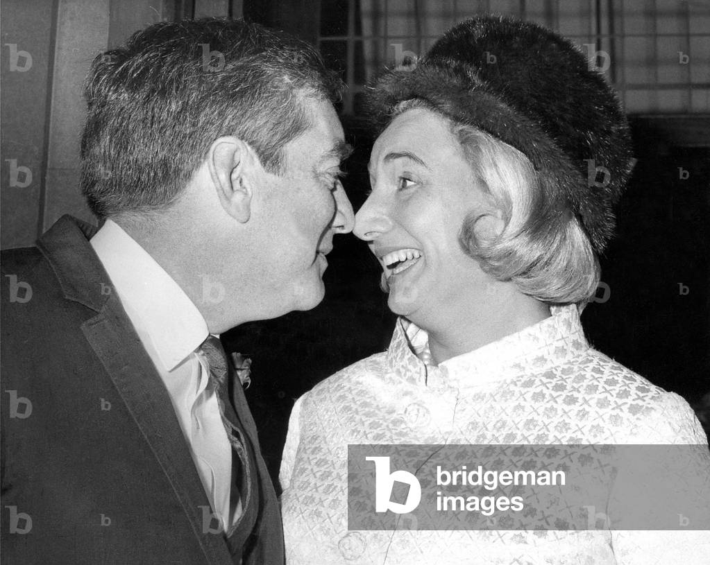 Actor and comedian Tony Hancock leaving Marylebone Register Office after his marriage to Miss Freddie Ross, his second wife, 1960