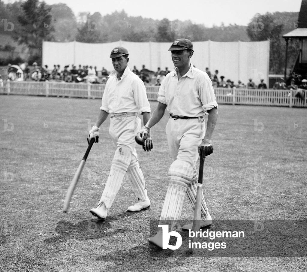 Kent v. Sussex. Henry Roberts and Maurice Tate walk out to bat for Sussex, 13th July 1922 (b/w photo)