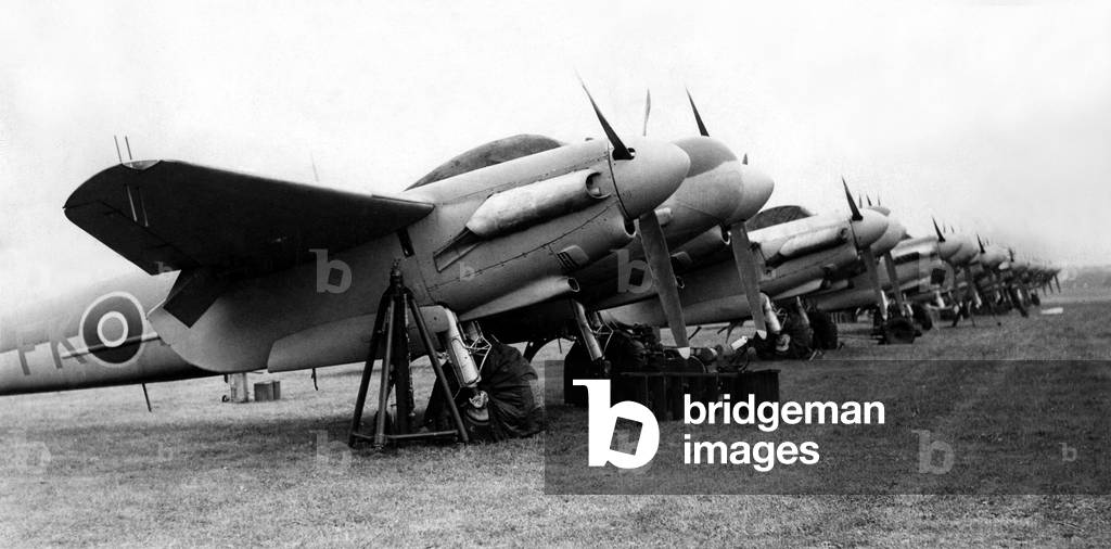 De Havilland Mosquito aircraft lined up at RAF Acklington in readiness for the Battle of Britain open day celebrations on September 15th. Circa: 14th September, 1945 (b/w photo)