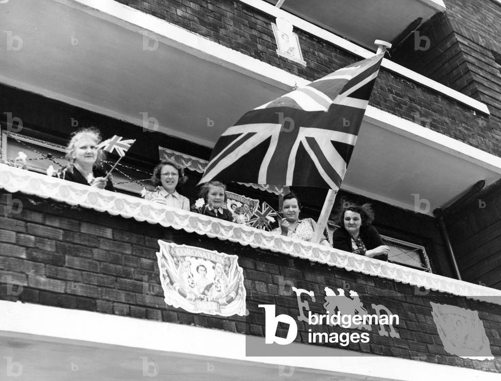 Queen Elizabeth II, Princess Elizabeth - Coronation - Houses all dressed up in readiness for the best decorated houses competition which is being run by Sunderland Corporation at Burleigh Garth, Sunderland, 1950 (b/w photo)