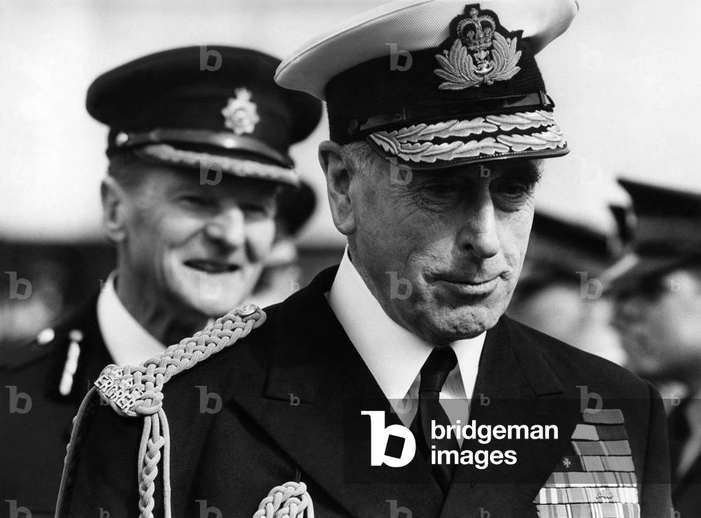Lord Mountbatten reviews the cadet policemen at the passing out parade at the training school, Hendon, 2nd April 1969 (b/w photo)
