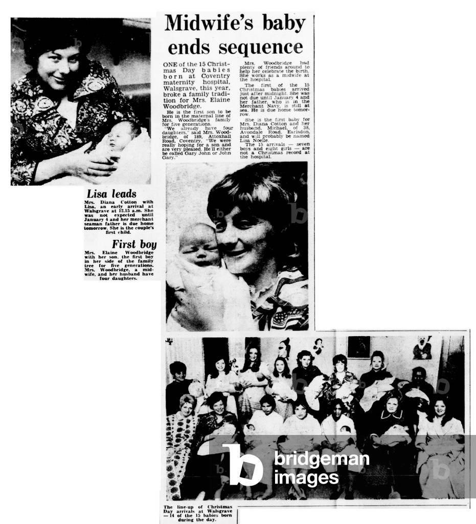 Babies born on Christmas Day 1973 appear in The Coventry Evening Telegraph with their mothers. 27th December 1973 (b/w photo)