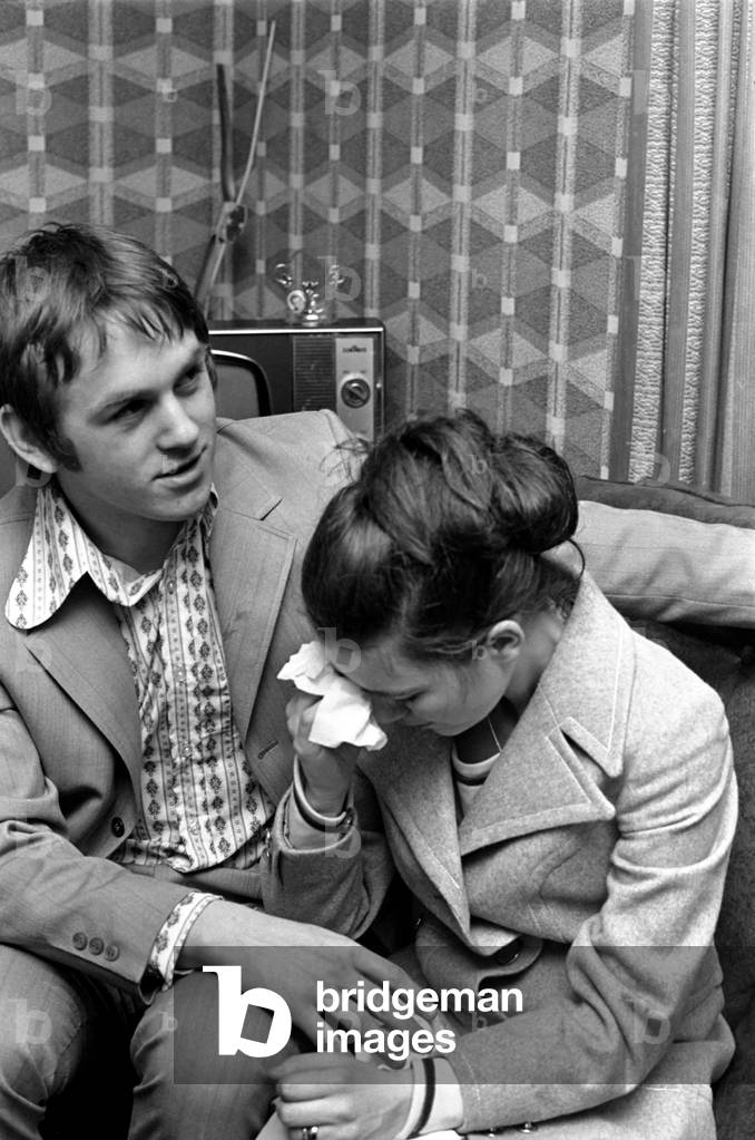 Woodleigh Hotel Londonderry where Dennis and Tina Patton and their wedding reception guests were order out of the hotel before it was blown up. Our picture shows Mr and Mes Patton who are visably upset by the ordeal. February 1972 72-1630-001