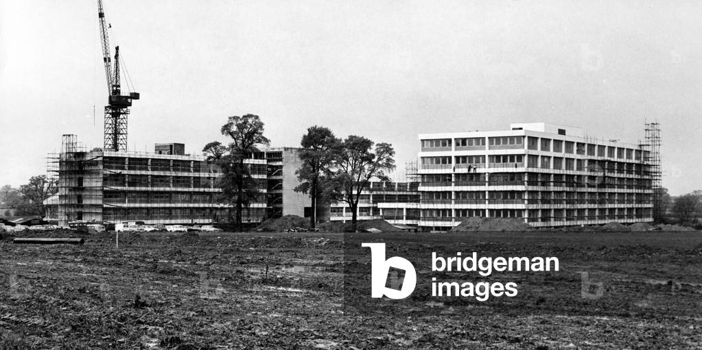 Progress on the library block (right) and the science bloc at the University of Warwick, Gibbet Hill Road, Coventry. 10th May 1966 (b/w photo)
