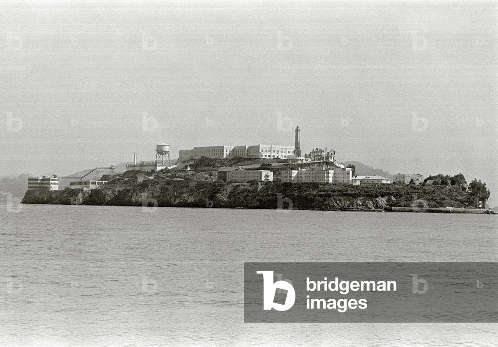 United States of America Alcatraz Prison Alcatraz Island firmly entrenched in the middle of San Francisco Bay. The former prison, which was once a terribly forbidding and bleak house of corrections, retains million dollar views of the Bay and San Francisco, 16/06/1970 (b/w photo)