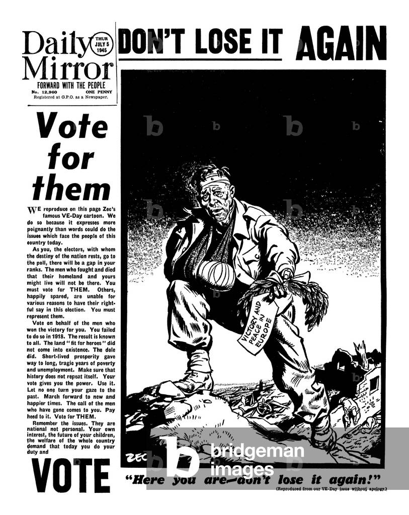 Daily Mirror Front Page, Published 5th July 1945. Featuring Donald Zec Cartoon, DON'T LOSE IT AGAIN. Victory and Peace in Europe. 