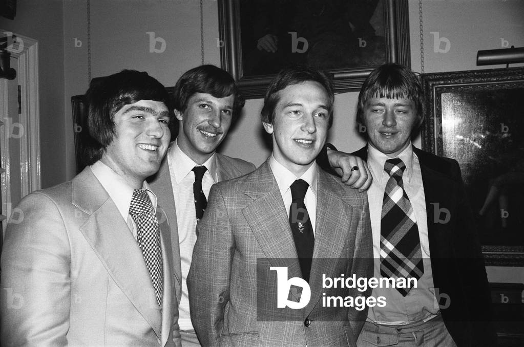 Cricket Award winners. Four young cricketers at Lords who were selected to go to Australia to further their careers;
l-r Mike Gatting, Ian Botham, Graham Stevenson and Charles Athey.
20th December 1976.