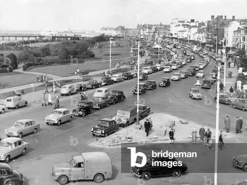 Cars on the Promenade in Southport, Merseyside on Easter Sunday. 3rd April 1961 (b/w photo)
