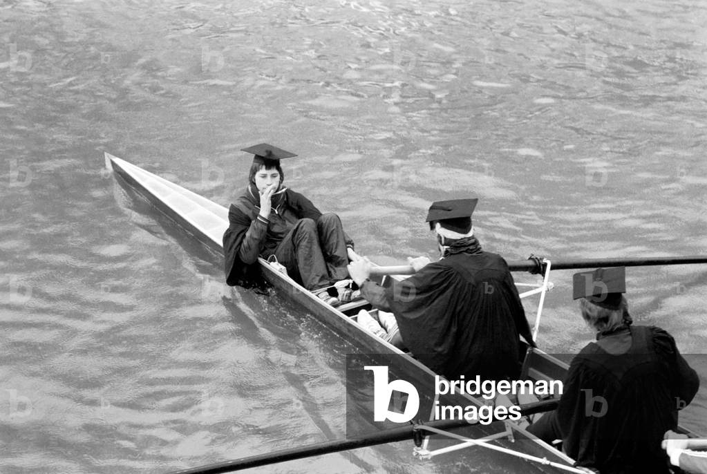 Cambridge University boat crew in training on river Ouse, March 1975 (b/w photo)