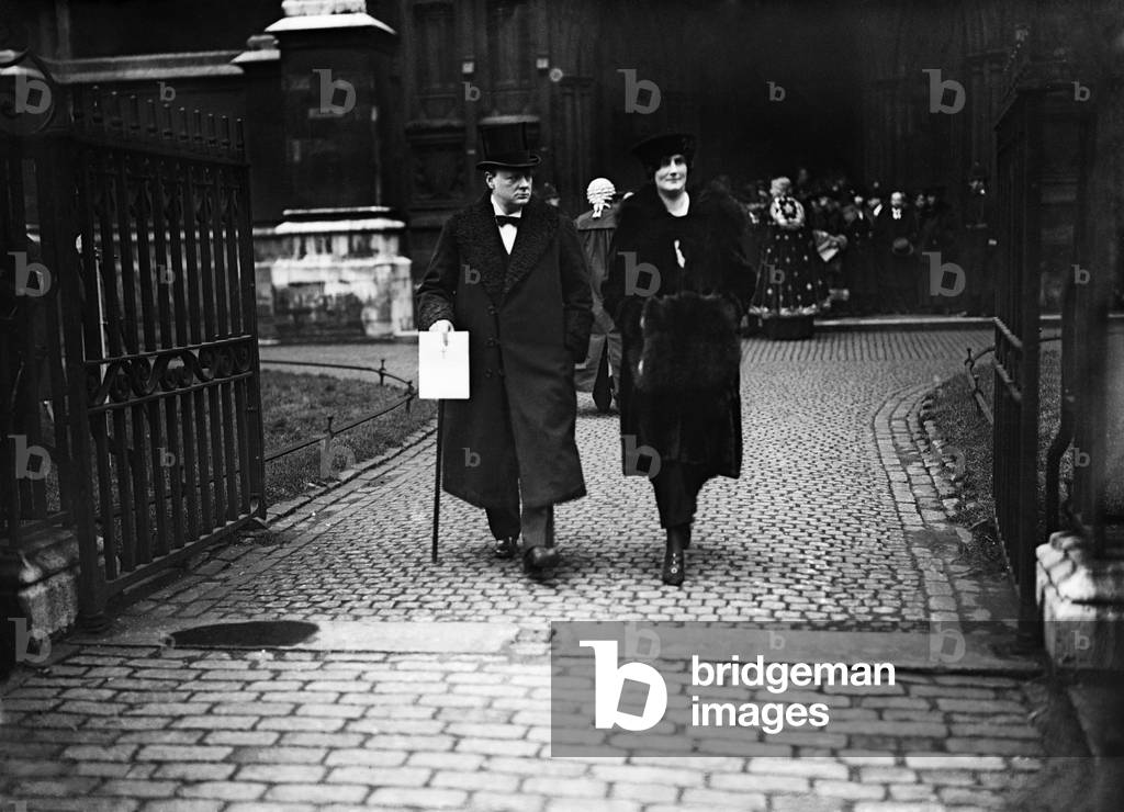 Winston Churchill with his wife Lady Churchill, attending a memorial service to airmen, c.1910 (b/w photo)