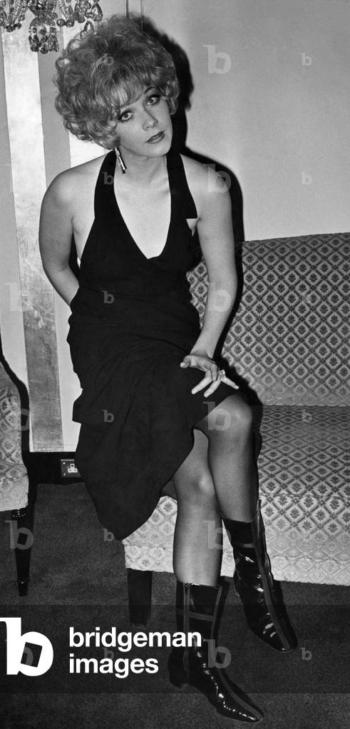 Film actress Linda Thorson wearing a glamourous black dress, 14th March 1968 (b/w photo)