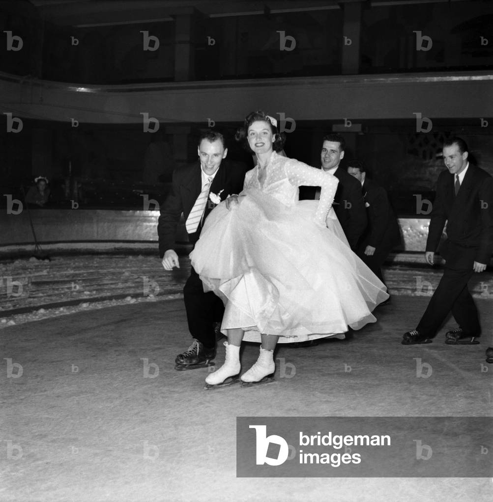 Wedding on ice for ice hockey player Bill Winamaskers seen here on the ice with his Bride Maureen Staniland. April 1953 D2025