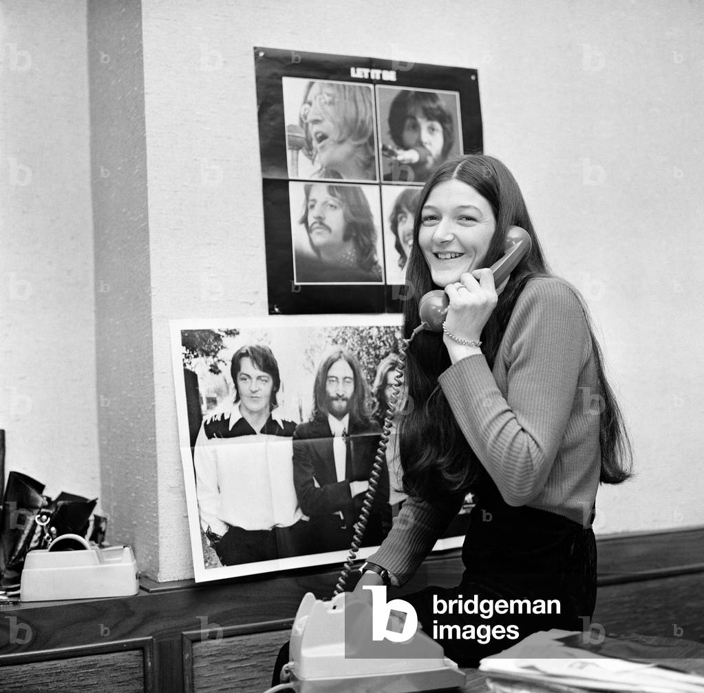 Freda Kelly, 26, The Beatles Official Fan Club Secretary, pictured at her Liverpool office, 11th January 1971 (b/w photo)